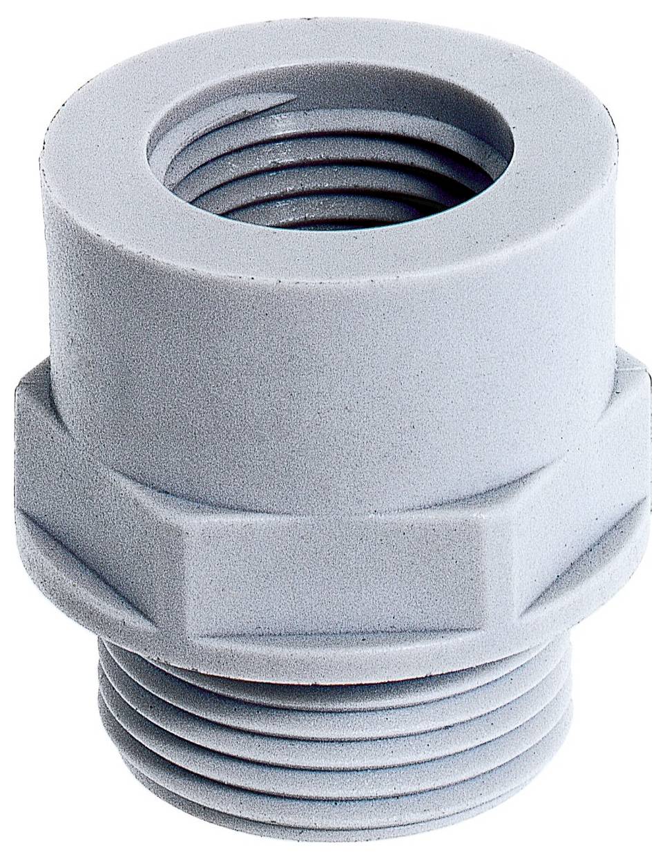 Szary plastikowy adapter gwintowany z sześciokątną sekcją środkową i cylindrycznymi końcówkami, przeznaczony do łączenia rur lub elementów instalacyjnych.