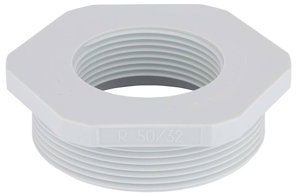 Szara plastikowa złączka hydrauliczna o kształcie sześciokąta z gwintem, oznaczona napisem 'R 50/32', prawdopodobnie używana do połączeń hydraulicznych.