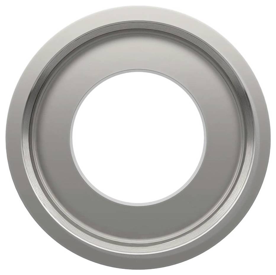 Srebrna metalowa podkładka o gładkiej powierzchni i dużym otworze centralnym, stosowana potencjalnie w zespołach mechanicznych lub konstrukcjach.