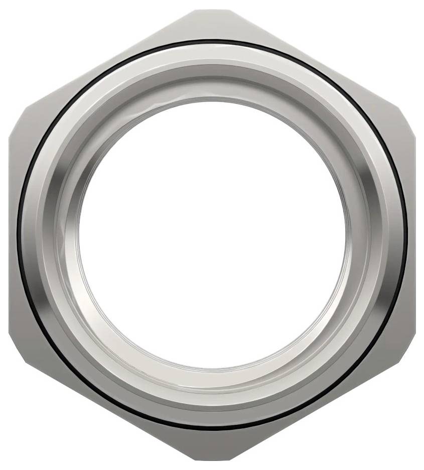 Sześciokątna metalowa nakrętka z centralnym otworem okrągłym, widziana z góry.