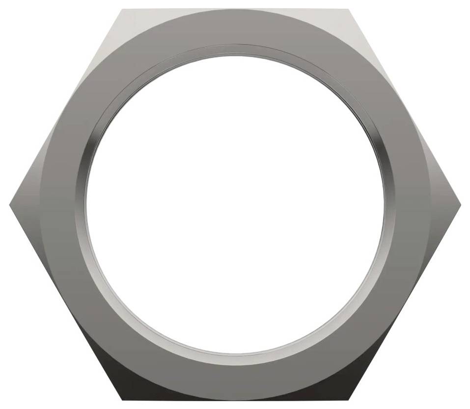 Duży, metalowy sześciokątny nakrętak z okrągłym środkiem, widziany z góry.