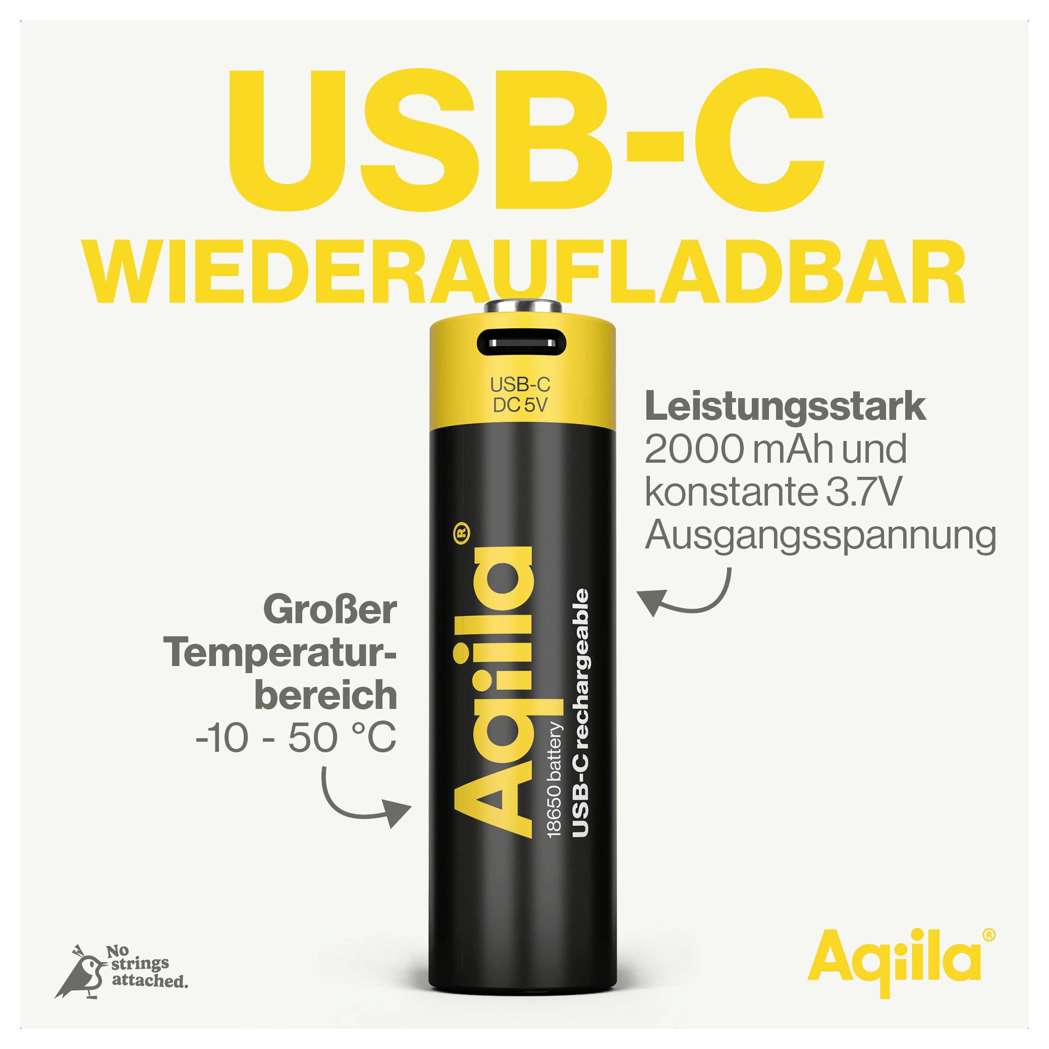 Akumulator USB-C z możliwością ładowania, 2000 mAh, stałe 3,7V. Szeroki zakres temperatur od -10 do 50°C. Marka Aqila. Wydajny.