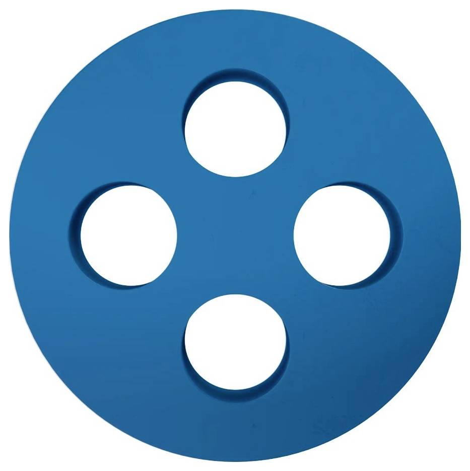Niebieski obiekt okrągły z czterema równomiernie rozmieszczonymi okrągłymi wycięciami wewnątrz.