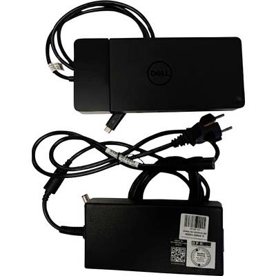 Dwa czarne zasilacze Dell z przewodami. Górny adapter posiada wtyczkę USB-C, a dolny adapter ma standardową wtyczkę zasilającą.