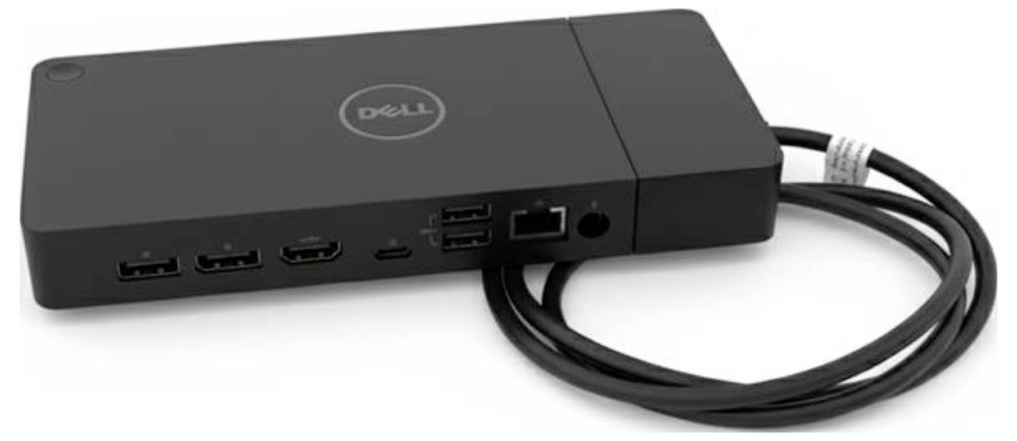 Stacja dokowa Dell z portami USB, HDMI, ethernet oraz przewodem zasilającym, umożliwiająca podłączenie laptopa do wielu urządzeń i sieci.