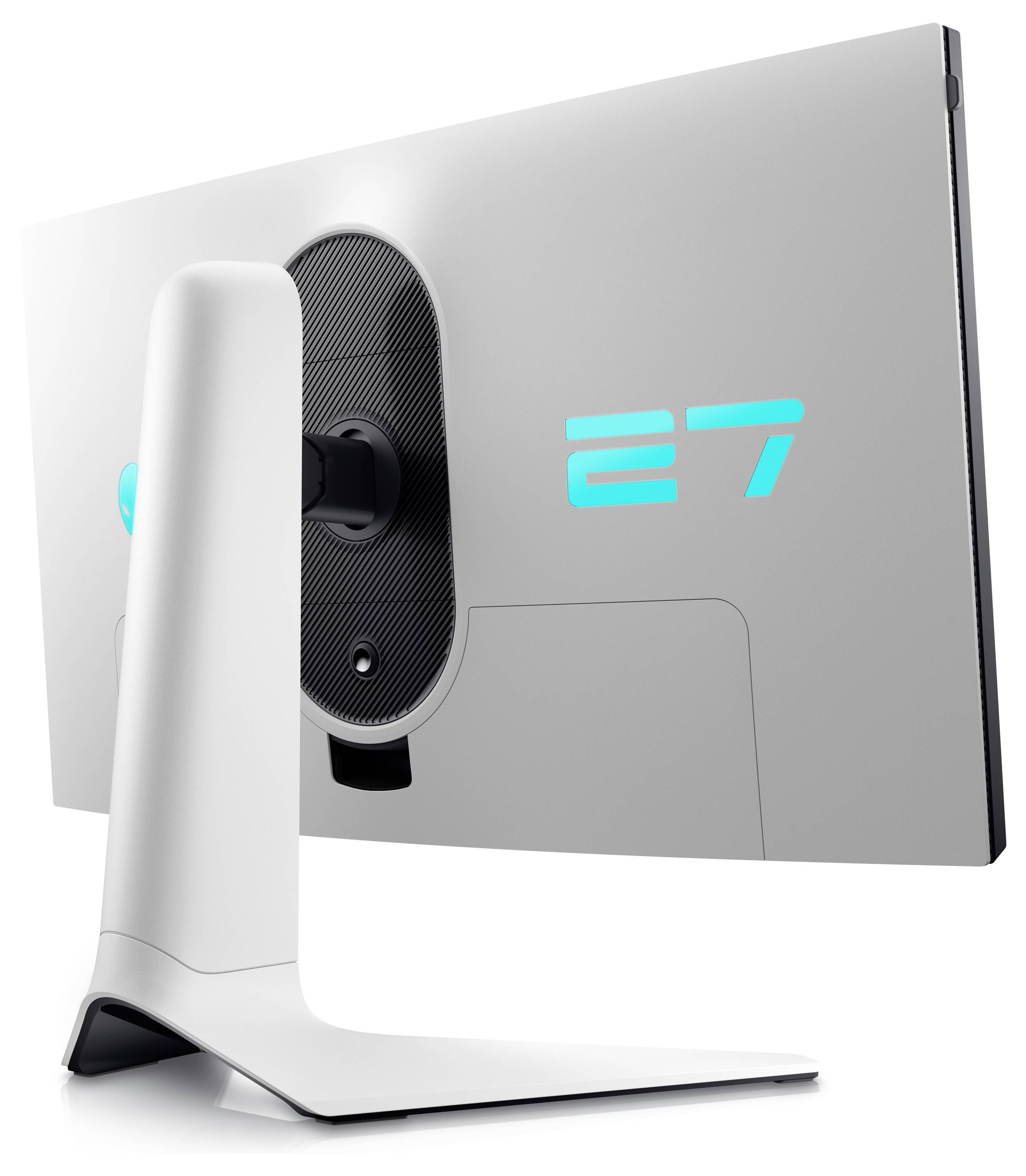 Smukły, biały monitor komputerowy widziany od tyłu, prezentujący zakrzywioną podstawę i świecącą cyfrę '27' wskazującą na rozmiar ekranu.