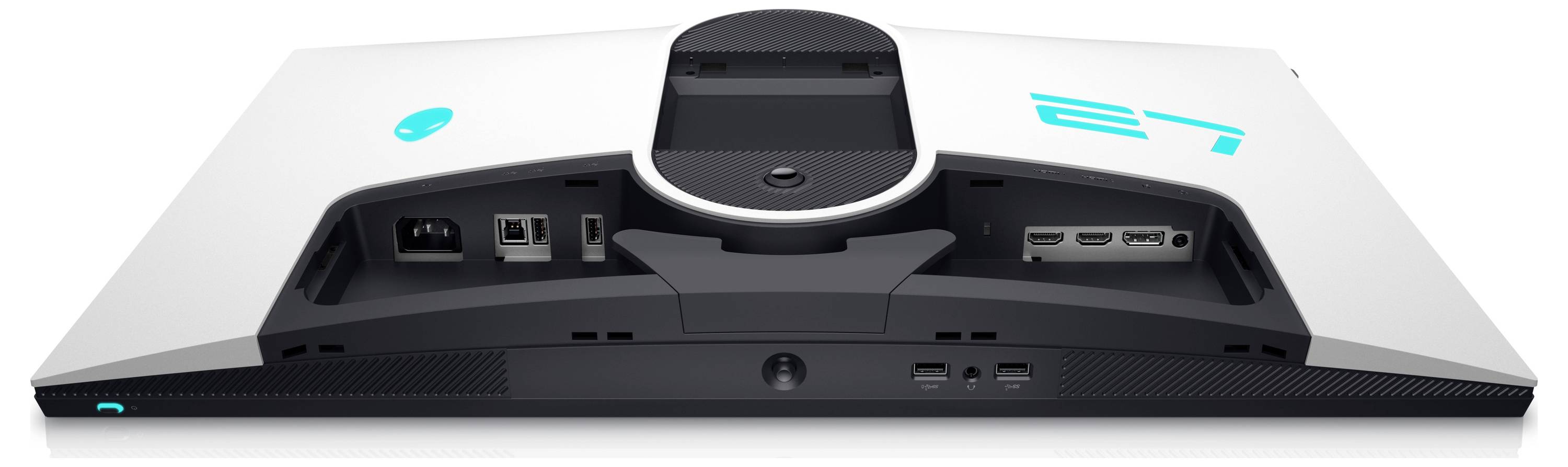 Widok z tyłu monitora przedstawiający multiple porty, w tym HDMI, DisplayPort oraz USB, podkreślający opcje połączeniowe dla różnych urządzeń.