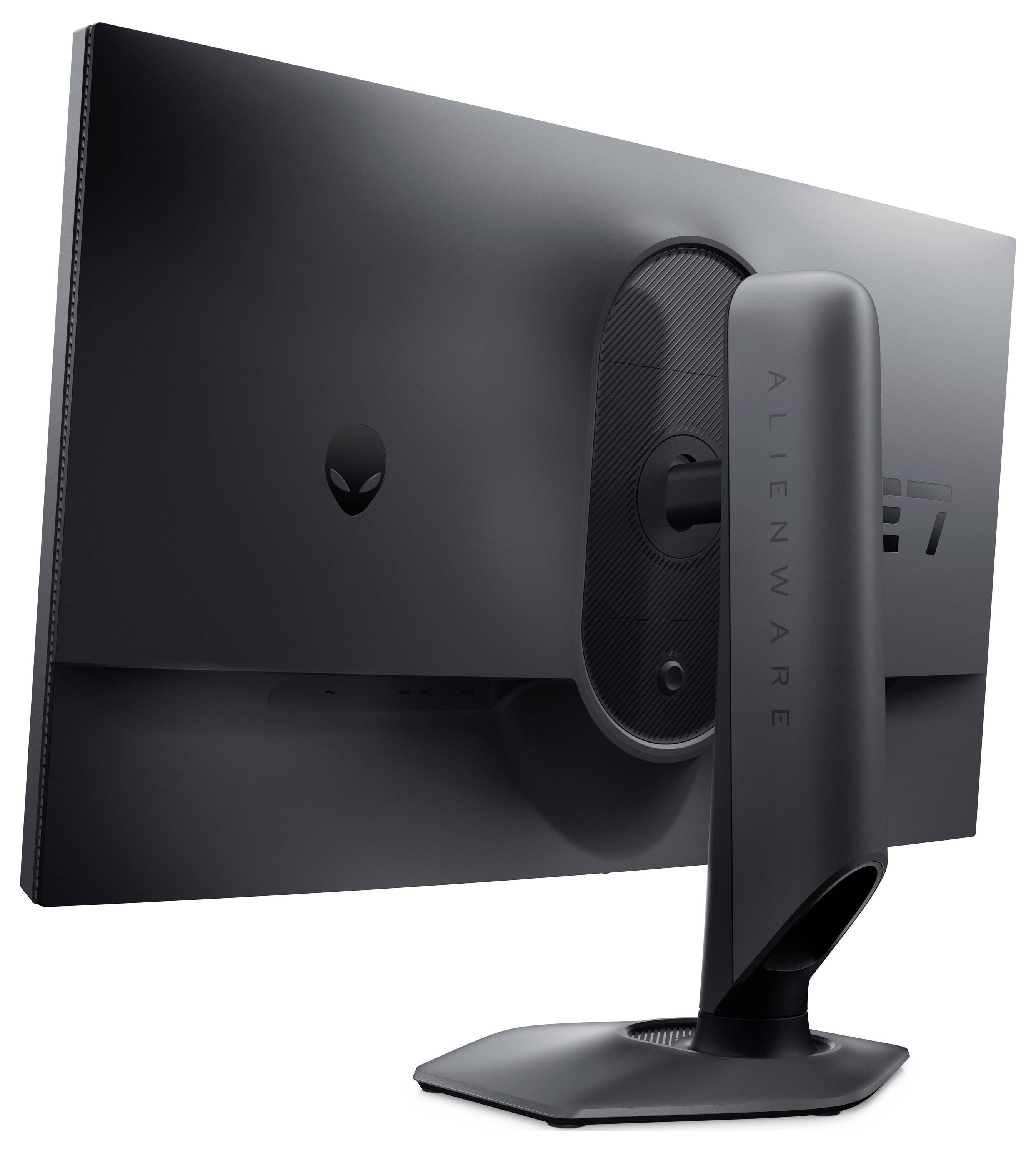 Smukły czarny monitor Alienware widziany od tyłu, podkreślający jego wąską sylwetkę i charakterystyczne logo w kształcie głowy obcej.