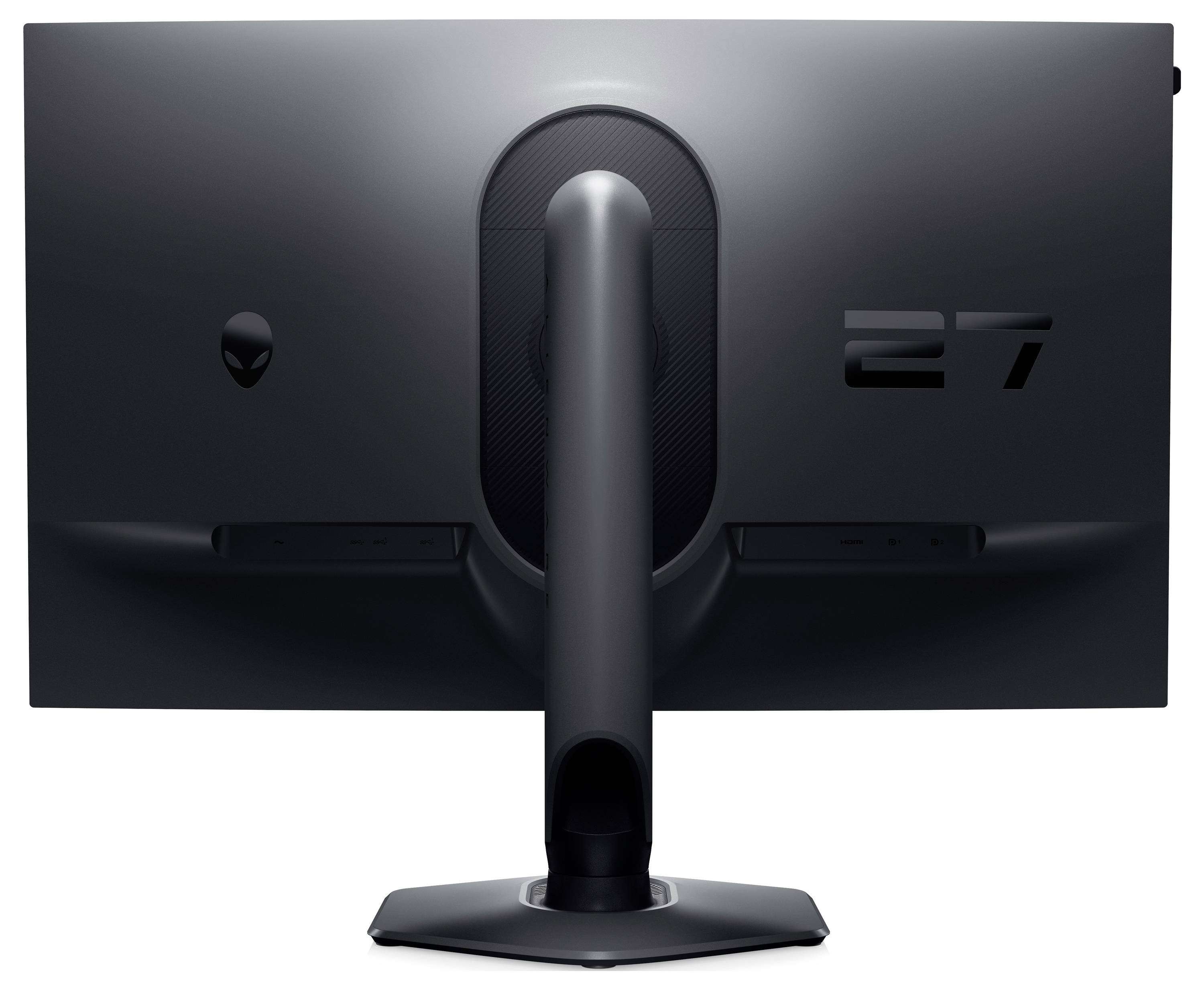 Widok z tyłu eleganckiego, czarnego 27-calowego monitora komputerowego z unikalnym wzornictwem podstawy, wyświetlającego numer '27' i subtelne logo.