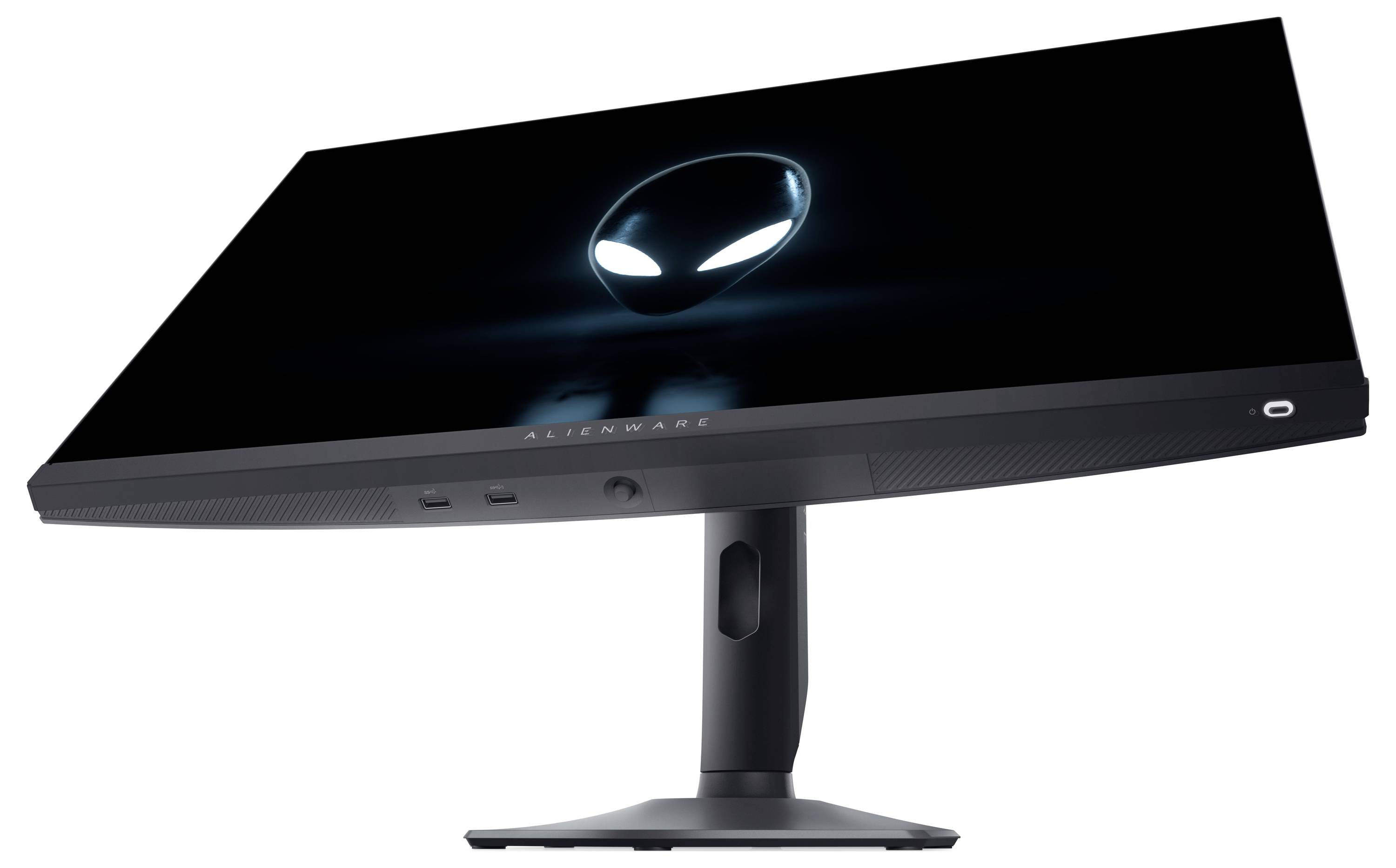 Monitor 'Alienware' z logo obcego na ekranie, prezentujący smukły, nowoczesny design. Monitor jest przechylony, podkreślając swoją regulowaną podstawę.
