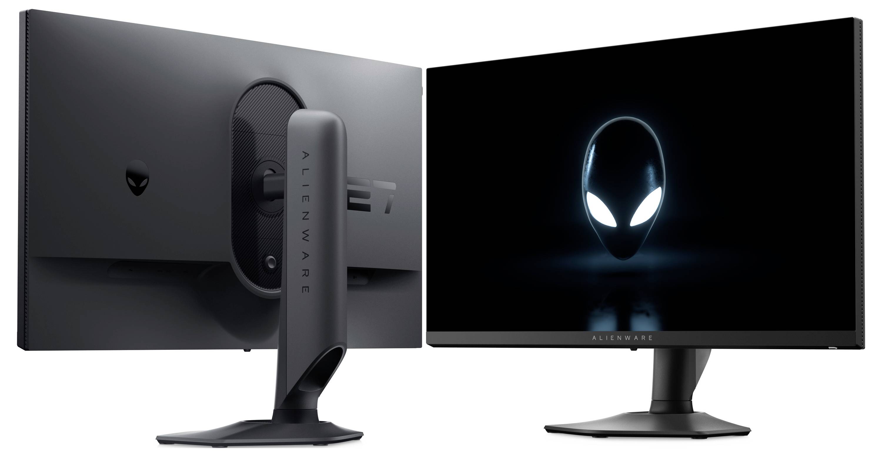 Dwa czarne monitory komputerowe; jeden wyświetla logo obcego na ekranie, drugi jest widoczny od tyłu z widocznym napisem 'Alienware'.