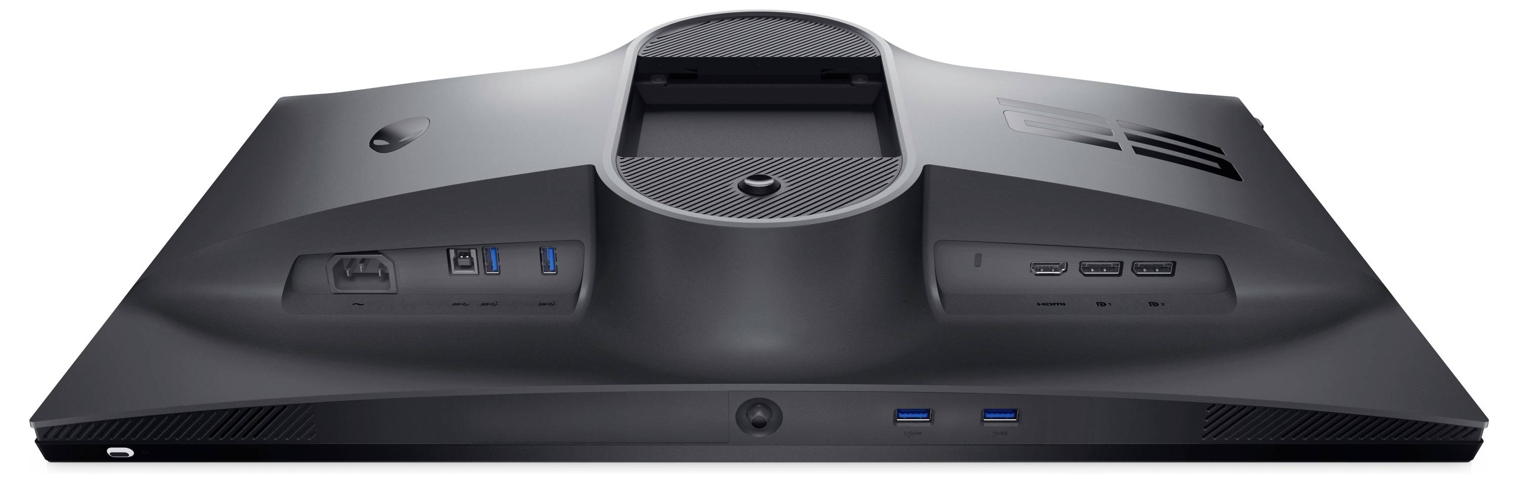 Widok z tyłu eleganckiego, czarnego monitora komputerowego z wieloma portami, w tym USB i HDMI, zaprojektowanego z myślą o łączności i dostępności.