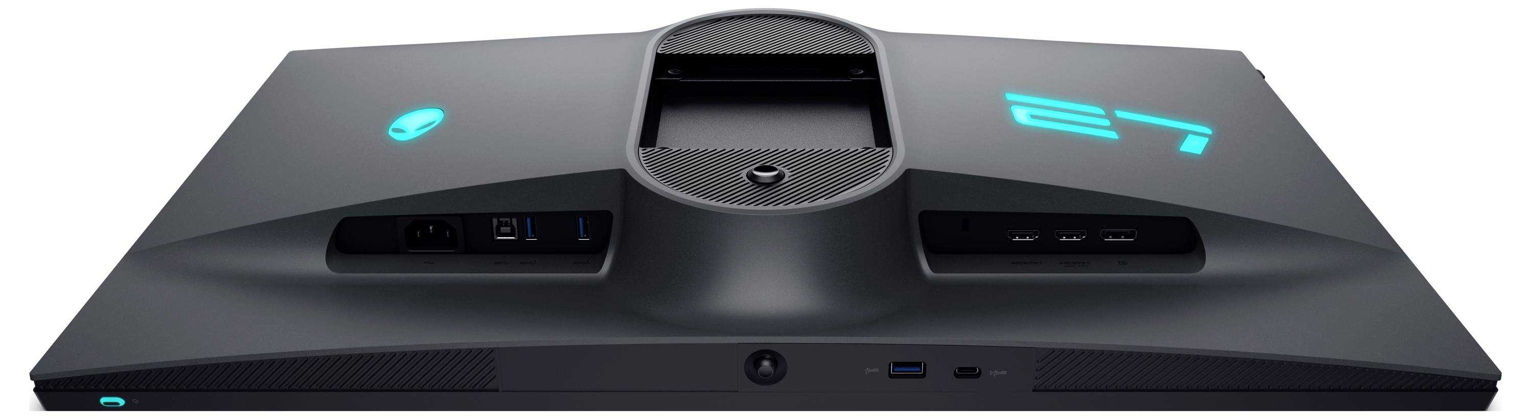 Smukły, nowoczesny monitor ze stojakiem w kształcie trójkąta, portami z tyłu i niebieskim podświetleniem.