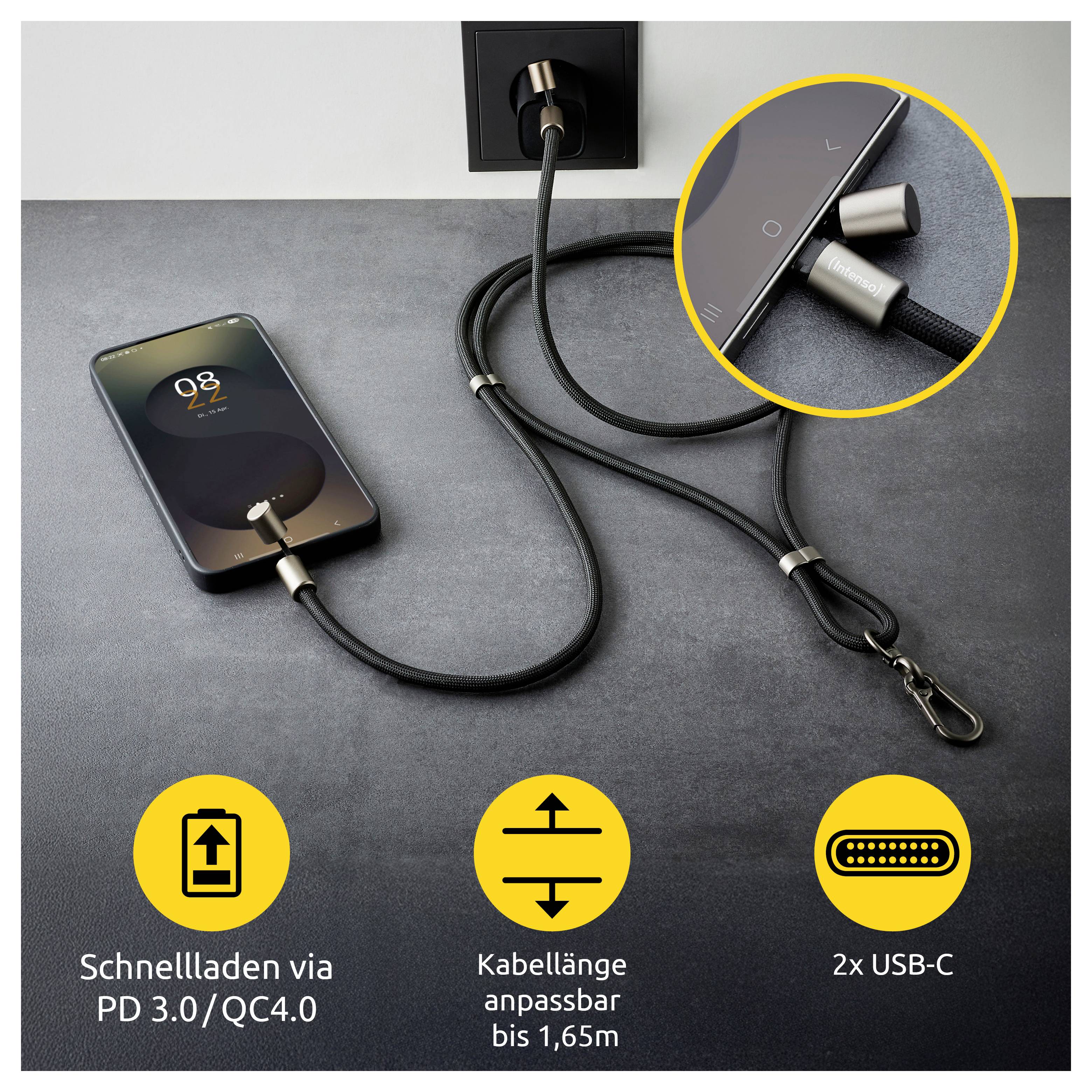 Smartfon ładuje się przy użyciu eleganckiego, plecionego kabla USB-C podłączonego do gniazdka ściennego. Wstawka przedstawia zbliżenie złączy.