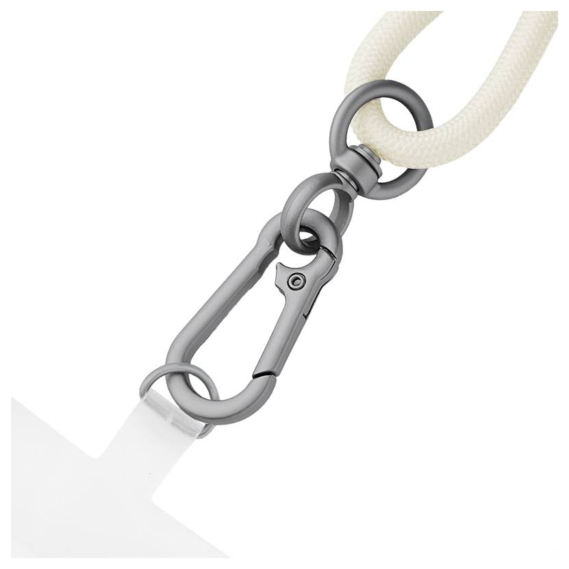 Zbliżony kadr przedstawiający szary karabińczyk przypięty do białej liny, prezentujący jego projekt i funkcjonalność do mocowania przedmiotów.