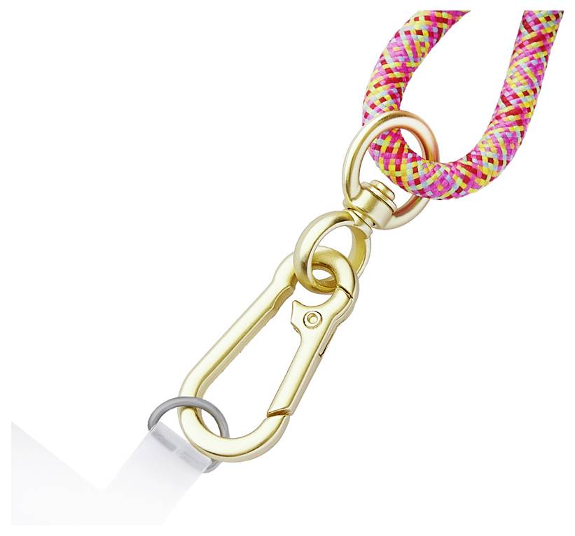 Złoty karabińczyk zamocowany do kolorowej plecionej liny, podkreślający połączenie i siłę systemu mocowania.