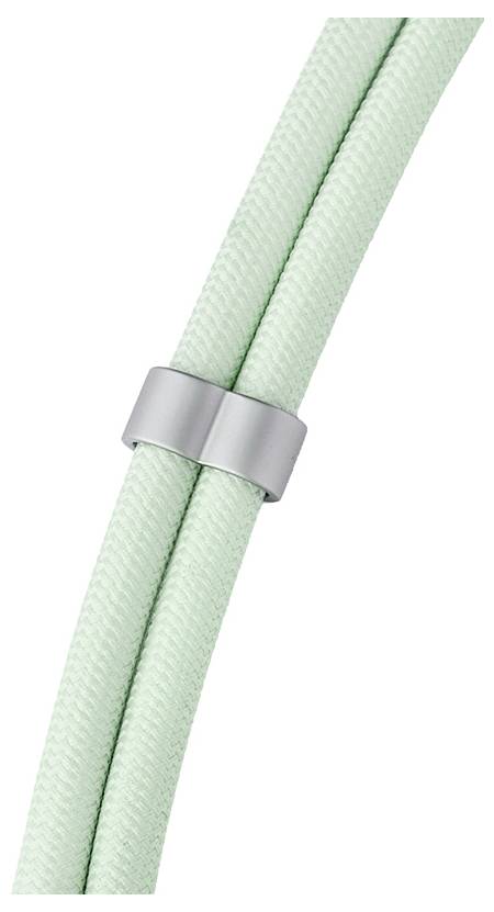 Miętowozielony pleciony kabel z metalowym srebrnym klipsem spinającym dwie splecione żyły, sugerujący trwałość i porządek.