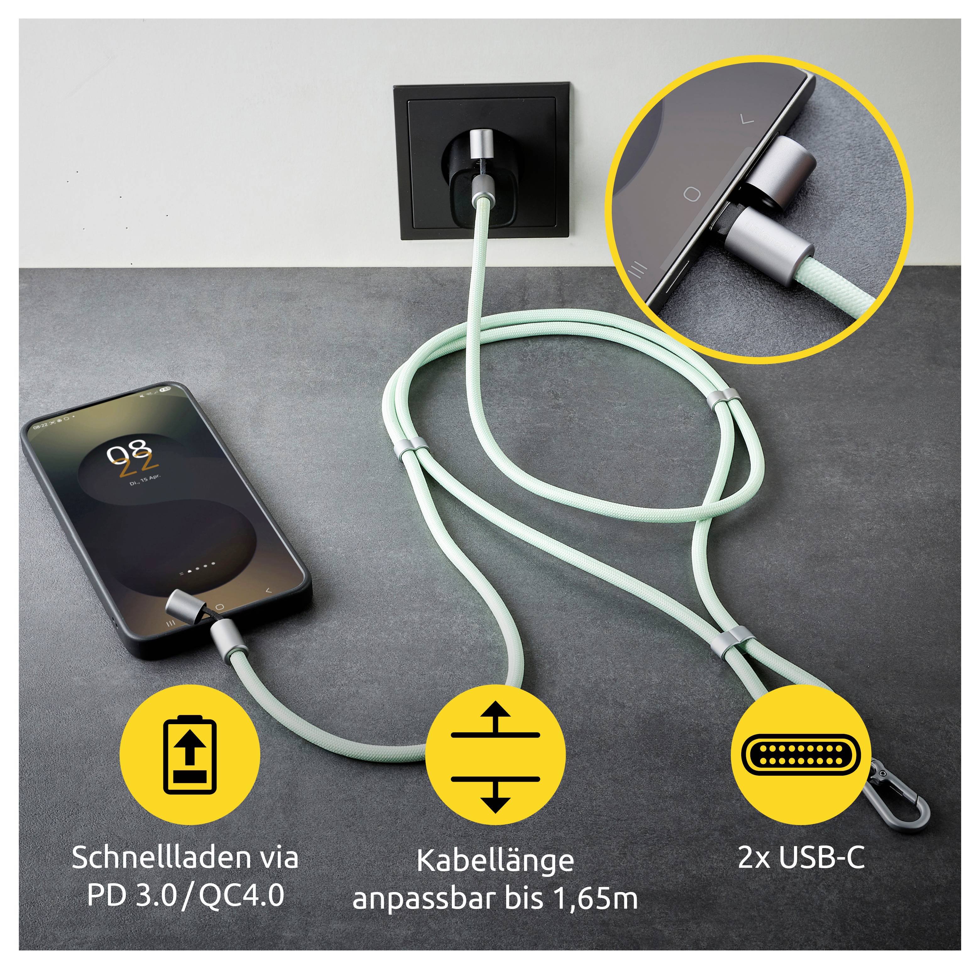 Smartfon ładujący się za pomocą miętowozielonego kabla USB-C podłączonego do gniazdka ściennego. Tekst podkreśla szybkie ładowanie PD 3.0/QC4.0, regulowaną długość do 1,65 m oraz podwójne złącza USB-C.