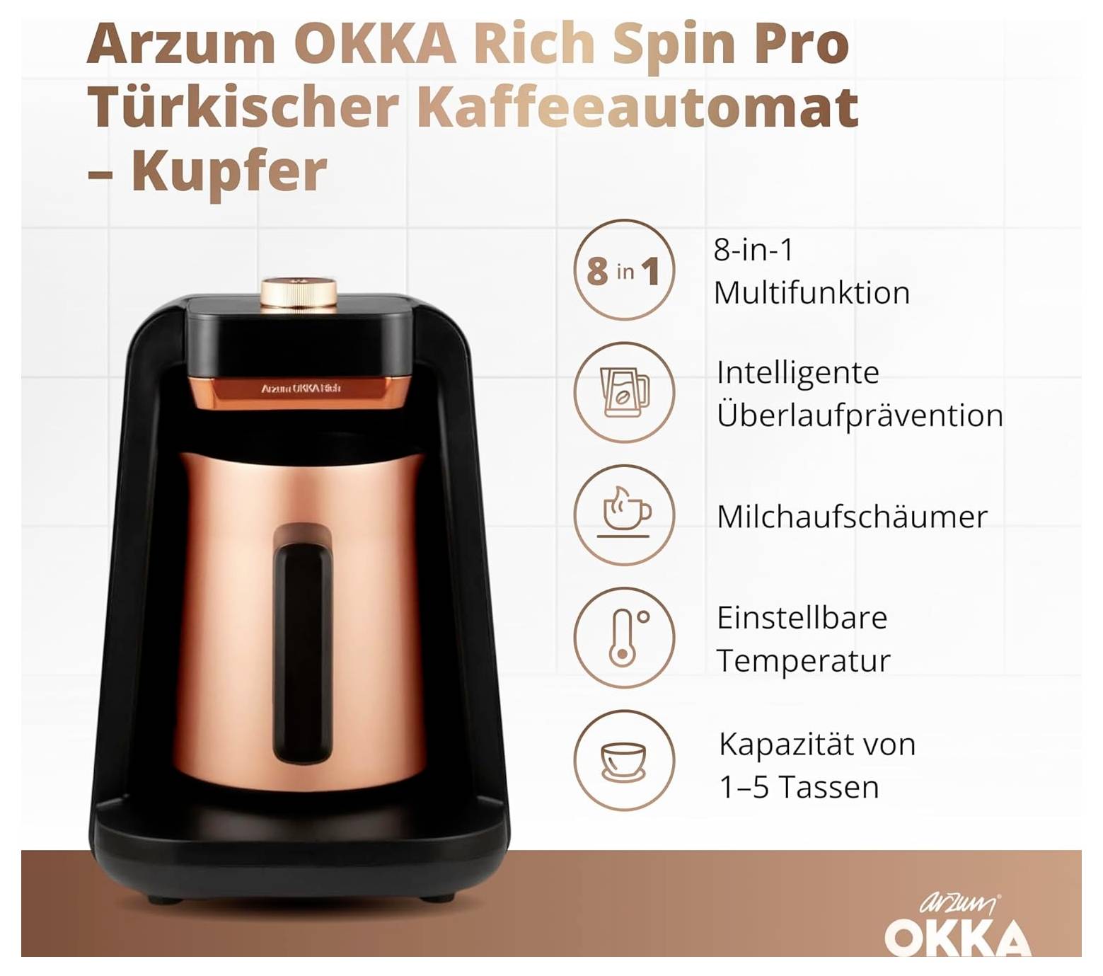 'Turecki ekspres do kawy, kolor miedziany. Funkcje: 8-w-1, zabezpieczenie przed przegrzaniem, spieniacz do mleka, regulowana temperatura, pojemność 1-5 filiżanek.'