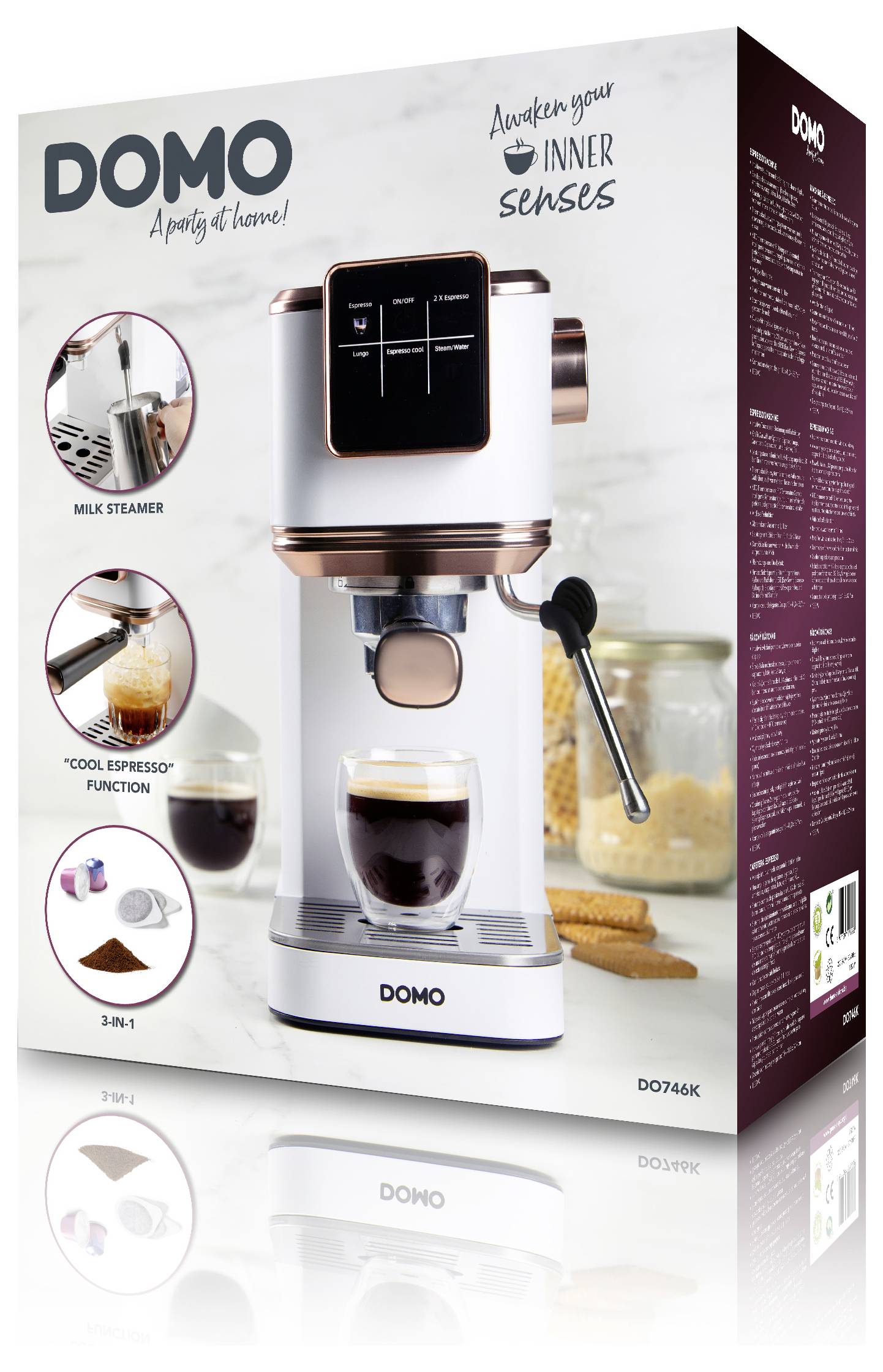 Pudełko prezentujące ekspresu do kawy DOMO z systemem spieniania mleka i funkcją 'cool espresso'. Tekst: 'Obudź swoje wewnętrzne zmysły'.