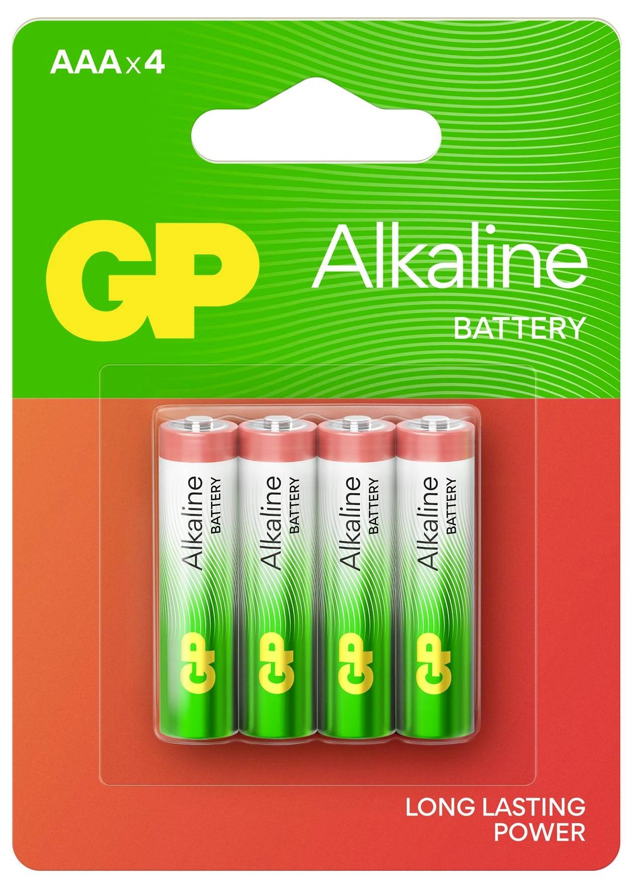 Cztery baterie AAA alkaliczne w zielonym i czerwonym opakowaniu firmy GP, opisane jako 'Bateria alkaliczna' i 'Długotrwała moc'.
