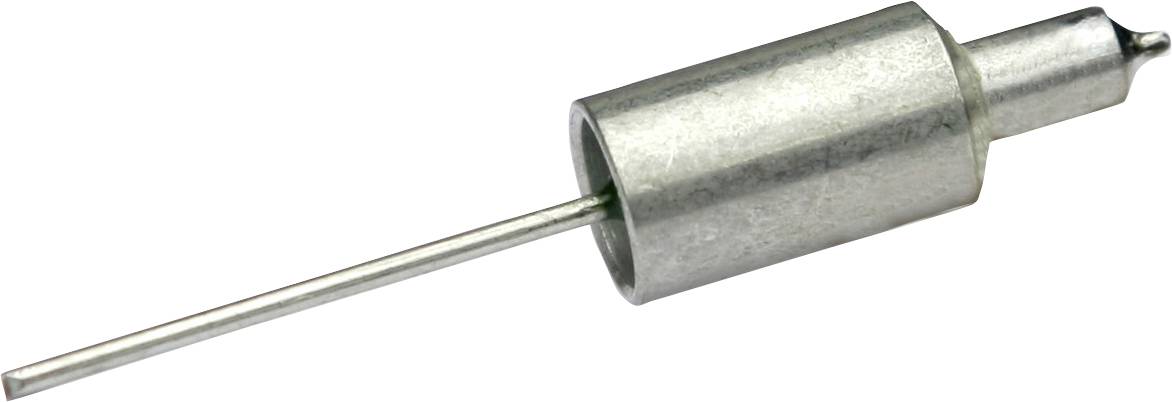 Mały, metalowy element cylindryczny z zakończonym ostro czubkiem i długim, cienkim prętem rozciągającym się z przeciwnej strony.