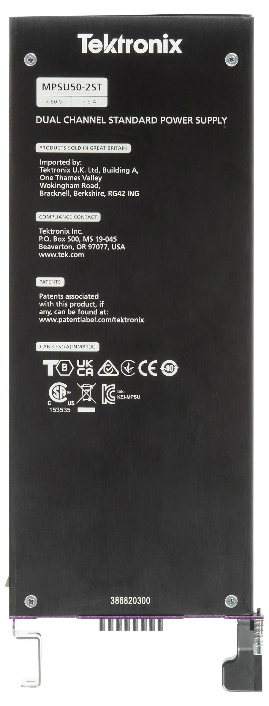 Widok z tyłu podwójnego kanałowego standardowego zasilacza Tektronix, model MPSU50-2ST, z certyfikatami i szczegółami produkcyjnymi.