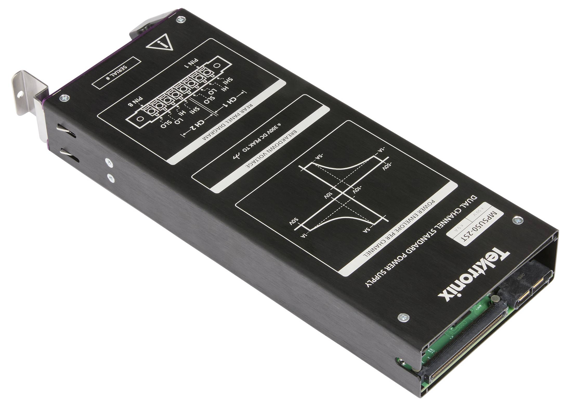 Moduł elektroniczny z czarną prostokątną obudową i oznaczonymi diagramami, wyposażony w złącza i specyfikacje techniczne na powierzchni.