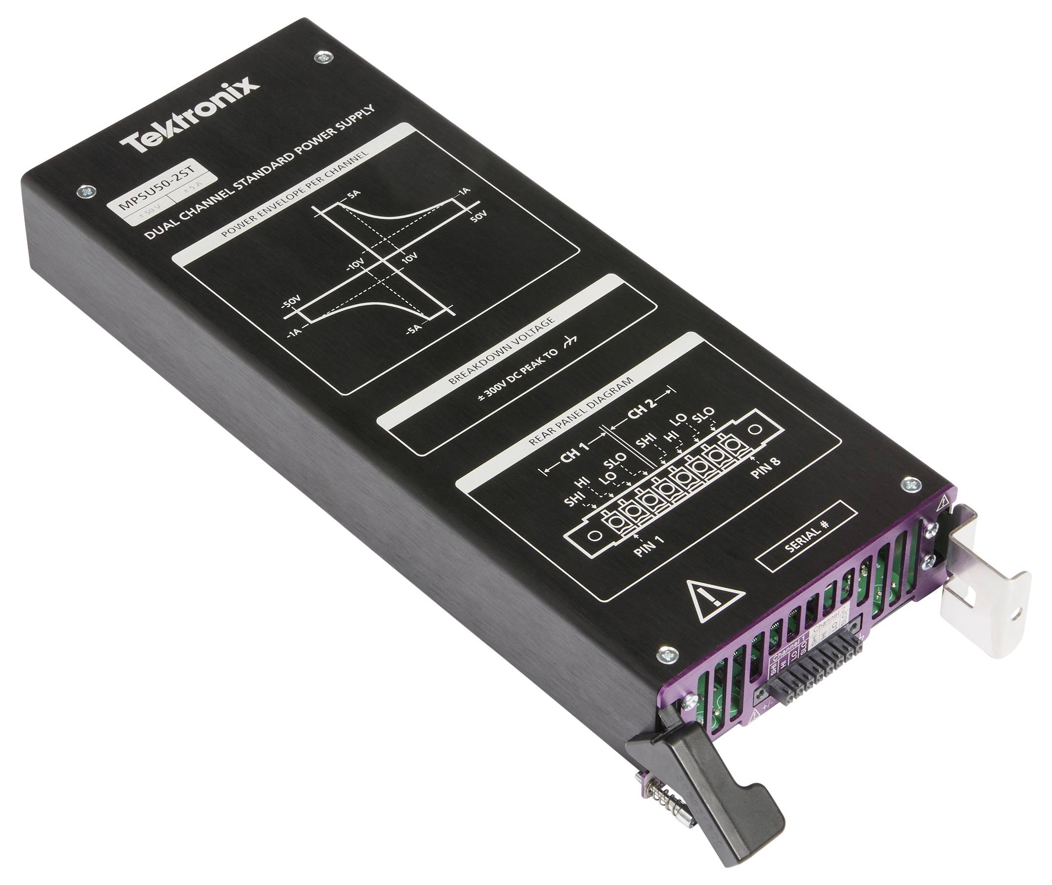 Purpurowy moduł przemysłowy z dwoma oznaczonymi kanałami, "Kanał 1" i "Kanał 2", wyposażony w wiele portów połączeniowych z ostrzeżeniem dotyczącym napięcia.