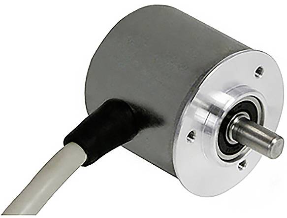 Cylindryczny metalowy silnik z wystającym wałem i podłączonym kablem, prawdopodobnie stanowiący część systemu mechanicznego lub elektronicznego.