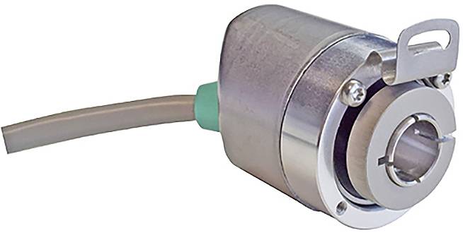 Metalowy enkoder obrotowy z cylindrycznym korpusem i dołączonym przewodem, używany do pomiaru kąta obrotu w systemach mechanicznych.