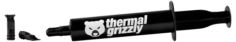 Czarna strzykawka oznaczona etykietą 'thermal grizzly' z dzikim logo niedźwiedzia, używana do nakładania pasty termoprzewodzącej na komponenty komputerowe.