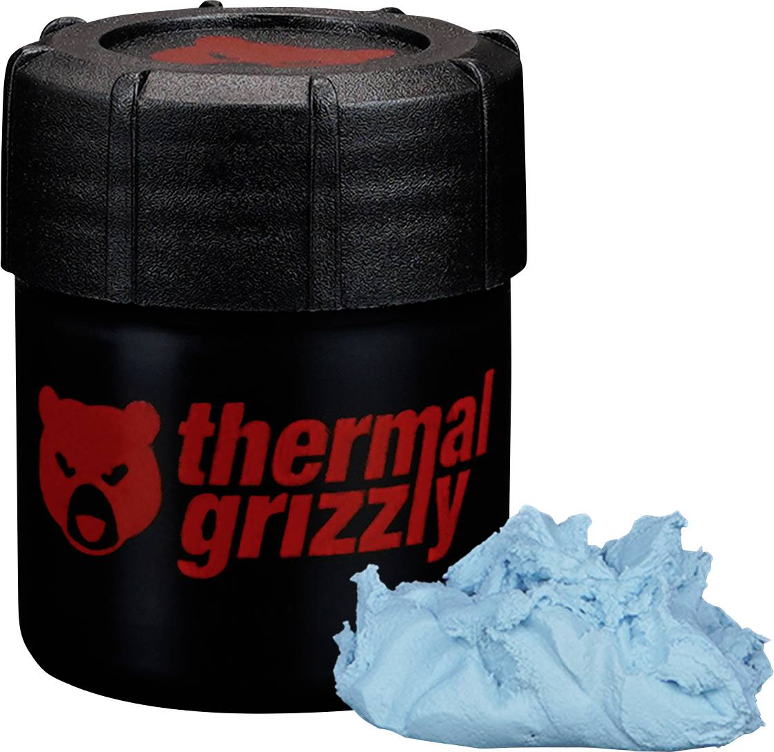 Czarny pojemnik z napisem 'thermal grizzly' w czerwonym kolorze i logo, obok sterty niebieskiej pasty termoprzewodzącej.