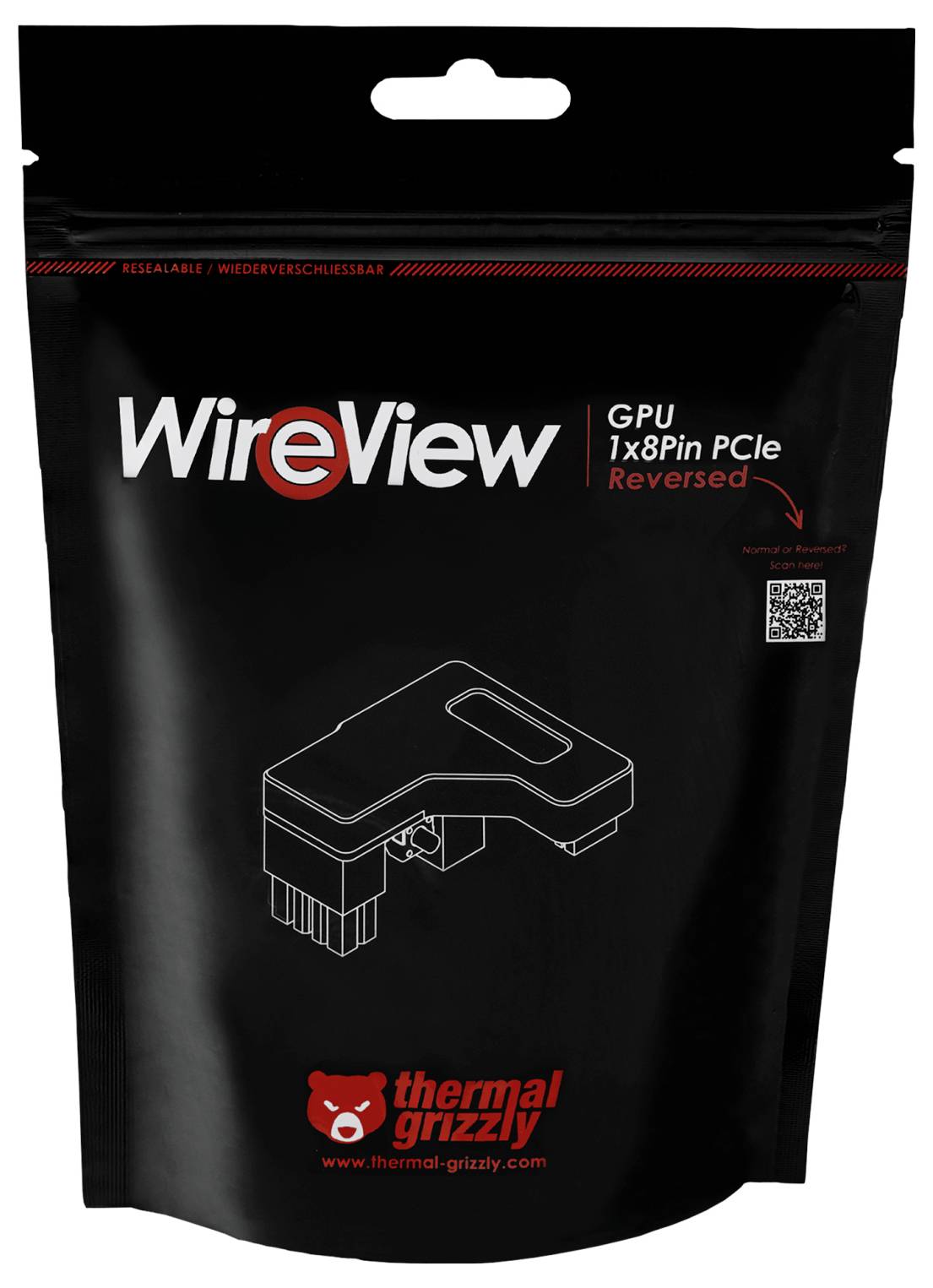 Adapter PCIe 1x8Pin WireView GPU z odwróconą wtyczką firmy Thermal Grizzly, zapakowany w czarną, szczelnie zamykaną torebkę z diagramem adaptera.