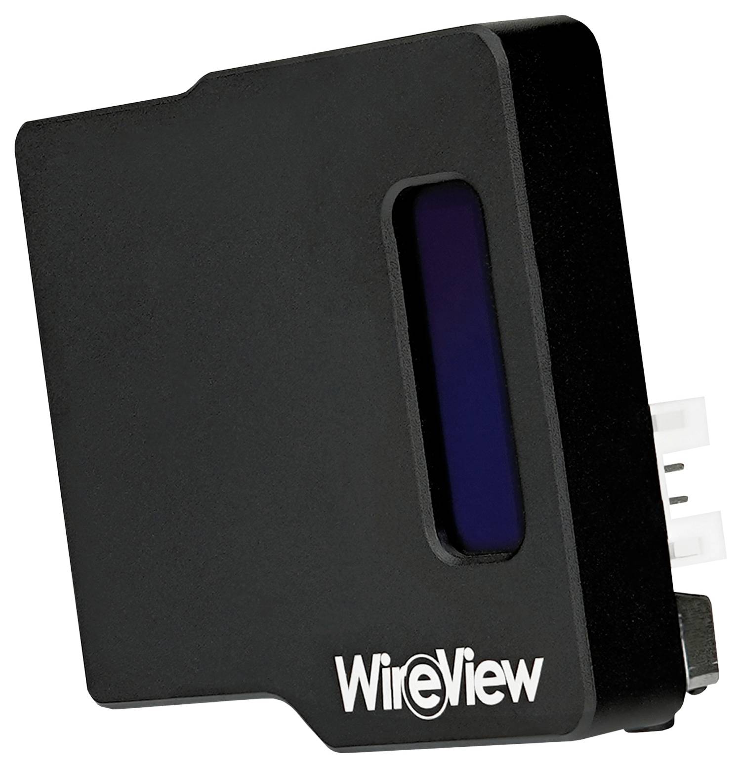 Czarny elektroniczny przyrząd z logo "WireView" na boku, wyposażony w mały prostokątny wyświetlacz i kilka styków przyłączeniowych.