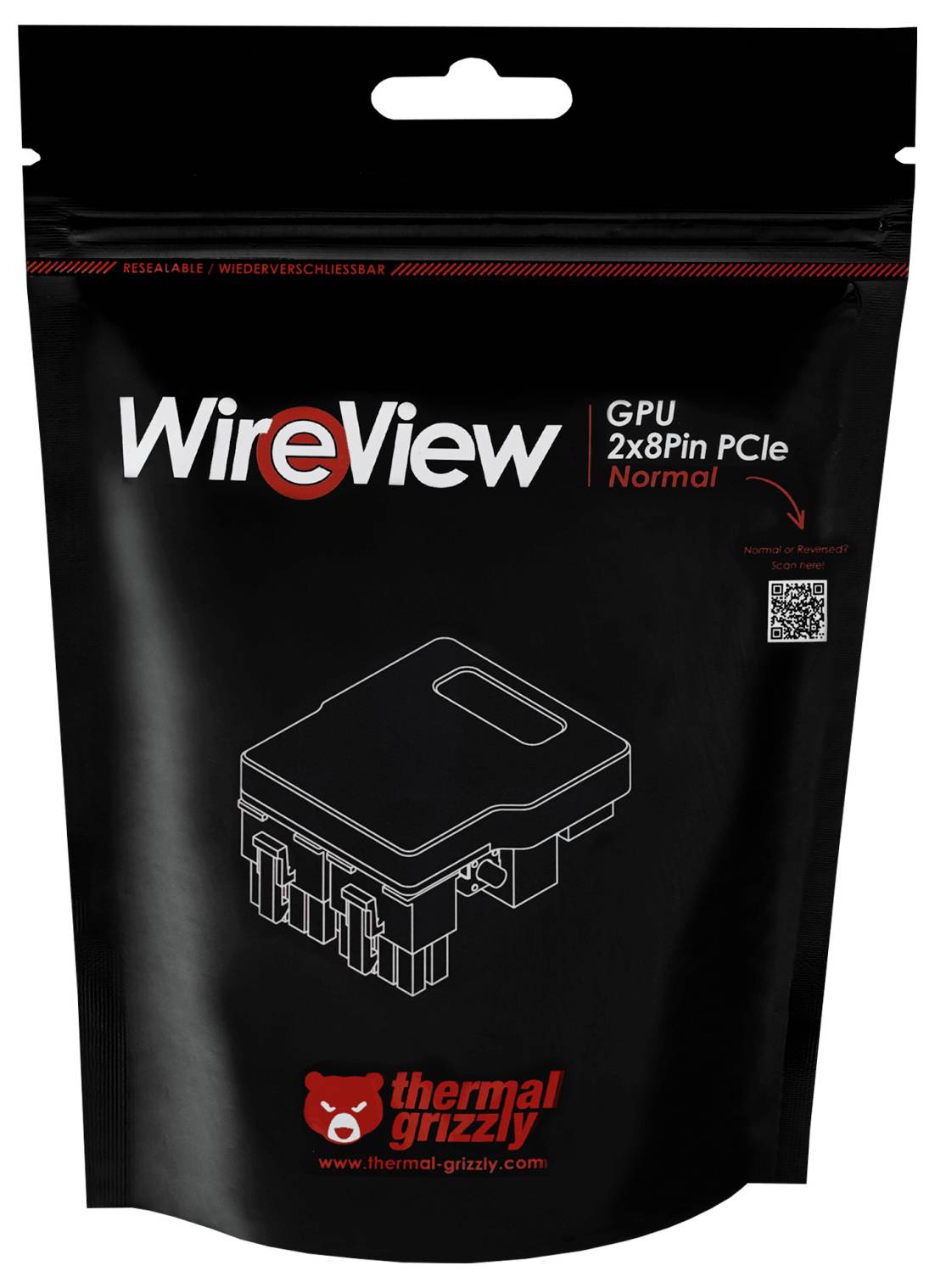 Złącze GPU 'WireView' w pakiecie PCIe 2x8 pinów, z możliwością ponownego uszczelnienia. Marka: Thermal Grizzly.
