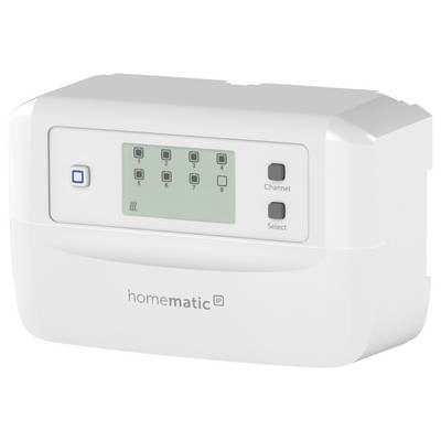 Białe urządzenie elektroniczne z panelem wyświetlacza pokazującym numery od 1 do 8, przyciskami do wyboru kanałów, oznaczone napisem 'homematic IP'.