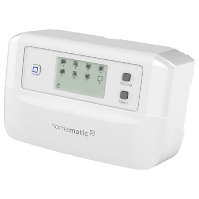 Panel sterujący termostatem z wyświetlaczem cyfrowym pokazującym 8 kanałów, przyciskami do wyboru kanału i oznakowaniem 'homematic IP'.