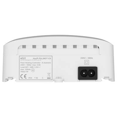 Kontroler ogrzewania podłogowego z 8 kanałami. Obsługuje 230V / 50Hz, maks. 0,5A, obciążenie HZ1-HZ8 3,3V, maks. 120mA. Szczegóły modelu i zasilanie przedstawione.