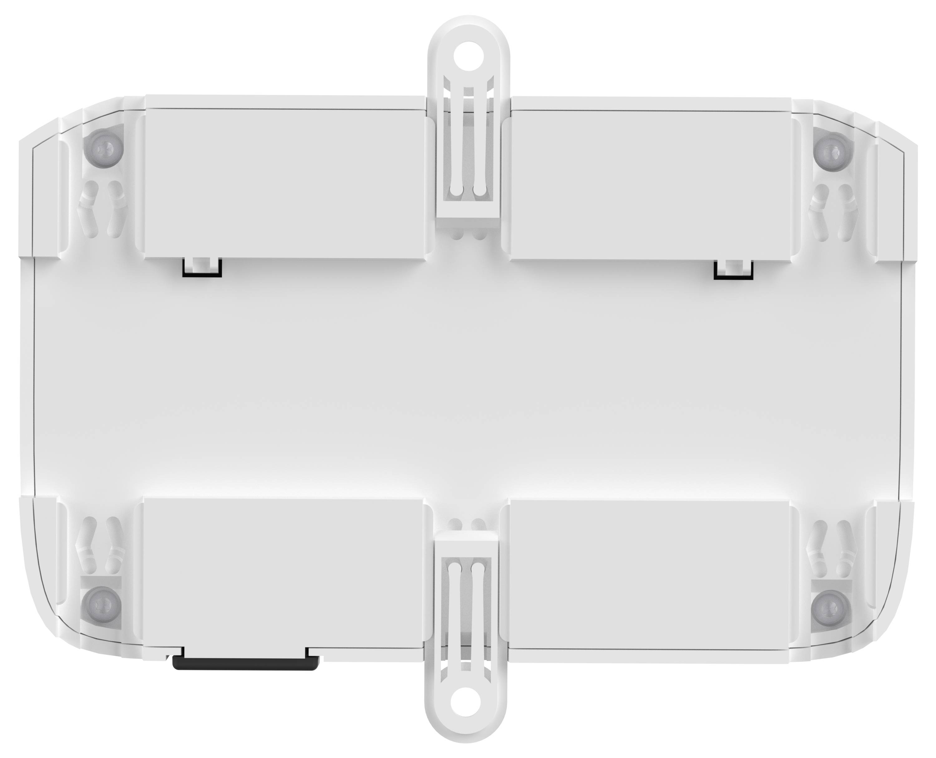 Prostokątna obudowa elektroniczna z przezroczystą pokrywą i otworami montażowymi. Białe wnętrze z miejscem na komponenty.