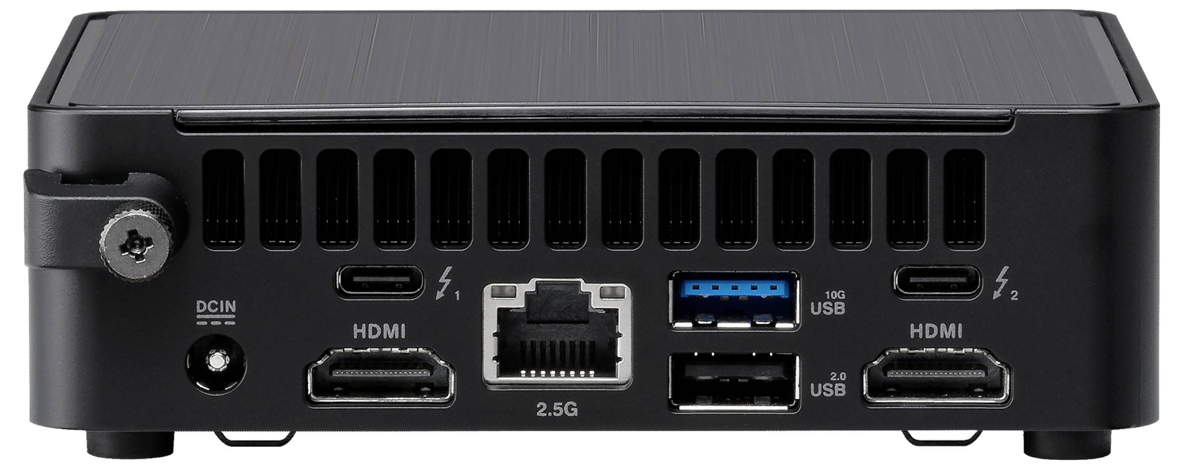Widok z tyłu kompaktowego komputera przedstawiający porty: DCIN, HDMI, Ethernet, USB-A 3.0, USB-A 2.0, dwa porty Thunderbolt oraz dwa porty HDMI.