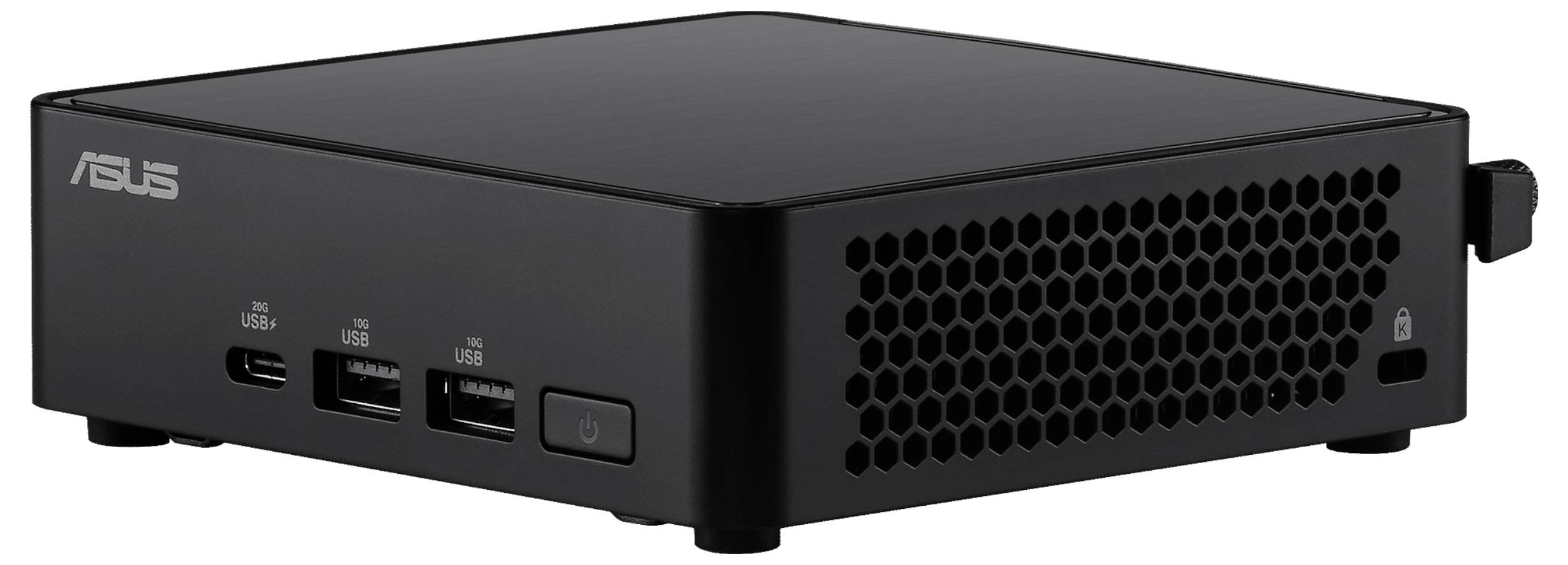 Kompaktowy, czarny minikomputerek ASUS z wieloma portami USB po bokach, prezentujący elegancki i minimalistyczny design.