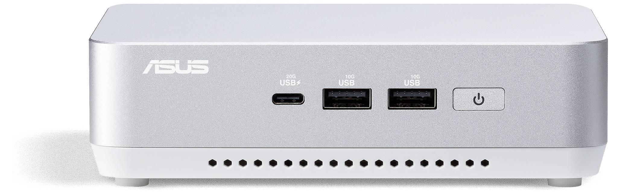 Kompaktowy srebrny mini komputer ASUS z dwoma portami USB, portem USB-C oraz przyciskiem zasilania z przodu.