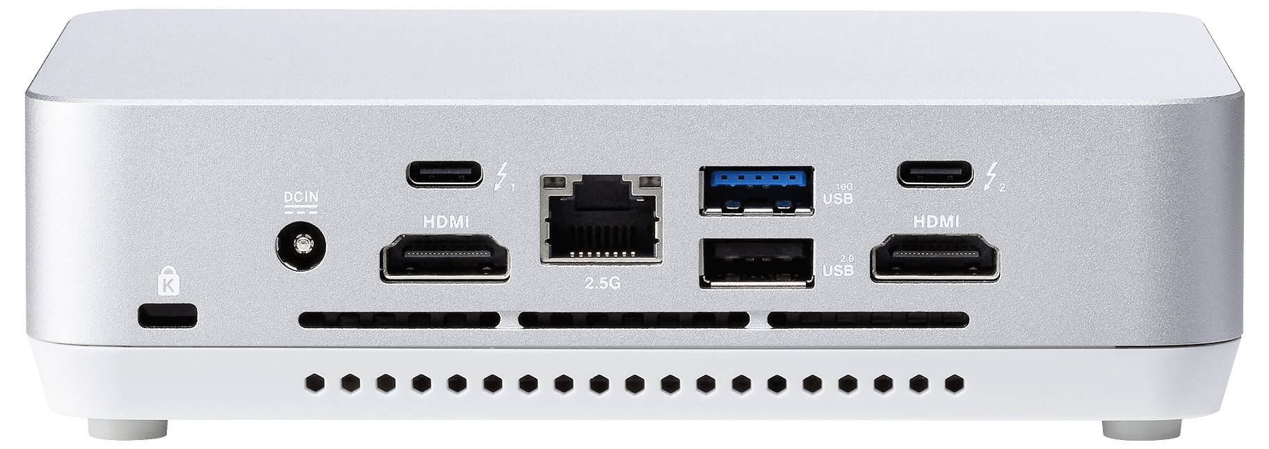 Tylny widok kompaktowego komputera przedstawiający różne porty: dwa USB-C, dwa HDMI, Ethernet, USB 3.0, USB 2.0 oraz wejście zasilania.
