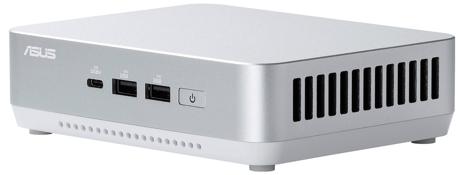 Kompaktowy srebrny komputer Asus z dwoma portami USB, otworami wentylacyjnymi oraz przyciskiem zasilania z przodu.