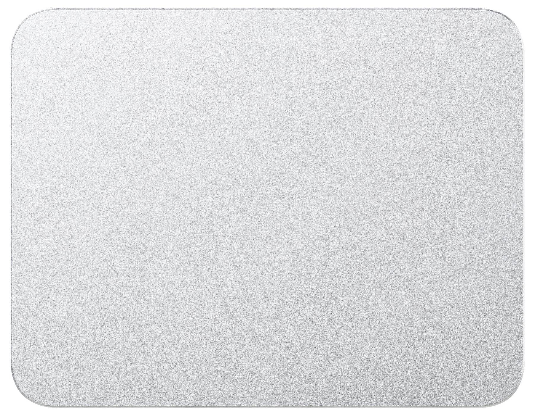 Prostokątny, gładki arkusz srebrnego metalu zaokrąglony na rogach, prawdopodobnie używany jako materiał lub tło.