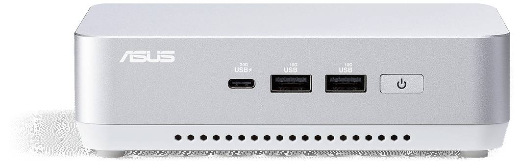 Srebrno-biały miniaturowy komputer stacjonarny z portem USB-C, dwoma portami USB-A, przyciskiem zasilania z przodu. Nazwa marki 'ASUS' w lewym górnym rogu.