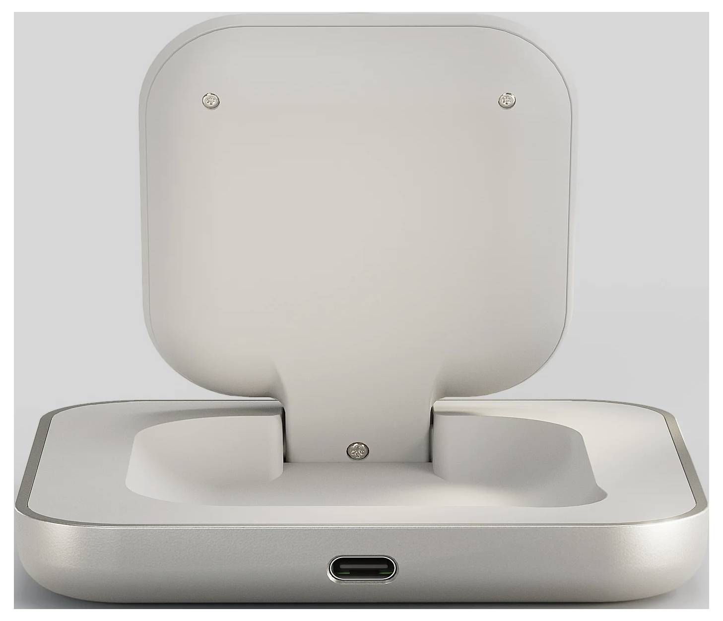 Elegancki, otwarty stojak ładujący z portem USB-C u podstawy, zaprojektowany do pionowego ustawienia i przechowywania urządzenia.