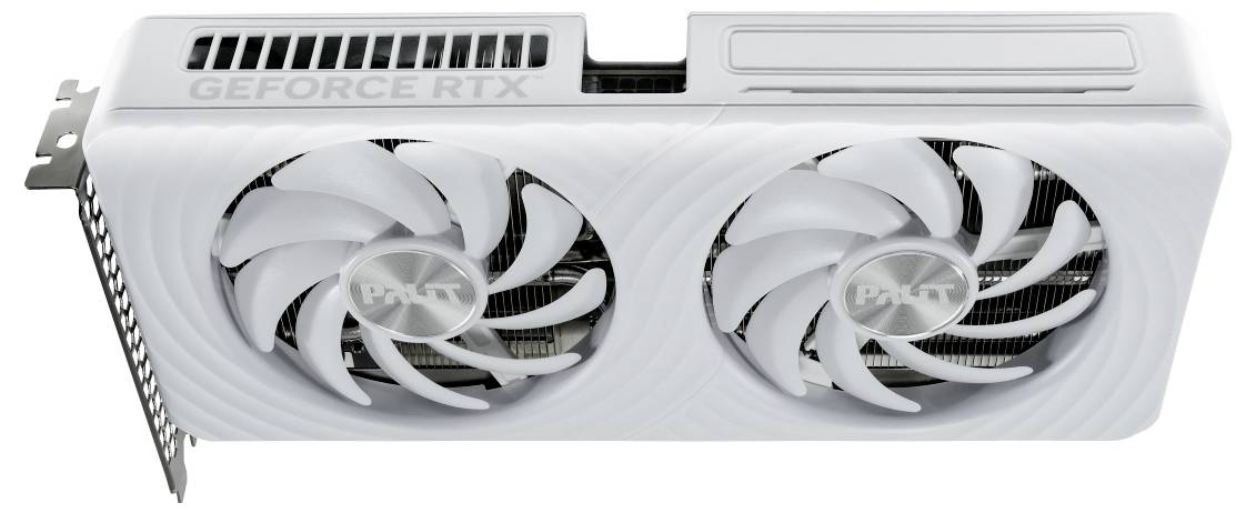 Biała karta graficzna z podwójnymi wentylatorami i napisem 'GeForce RTX' z boku.