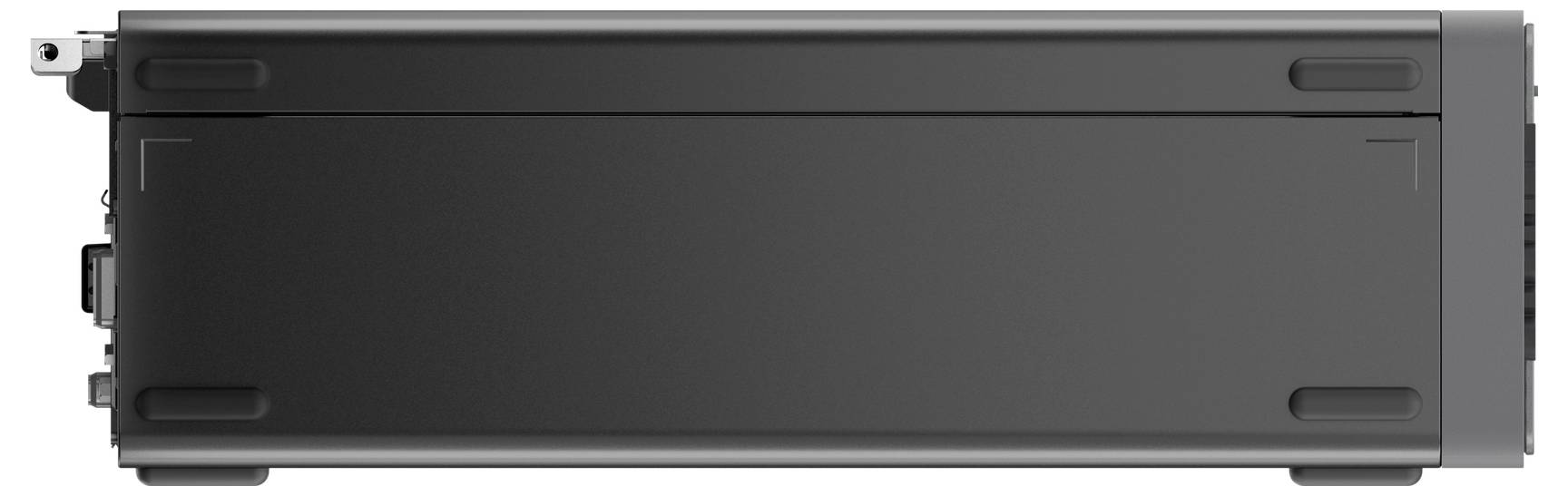 Czarny elektroniczny przyrząd z wieloma portami po stronie, prawdopodobnie przełącznik sieciowy lub router, widziany z bocznej perspektywy.